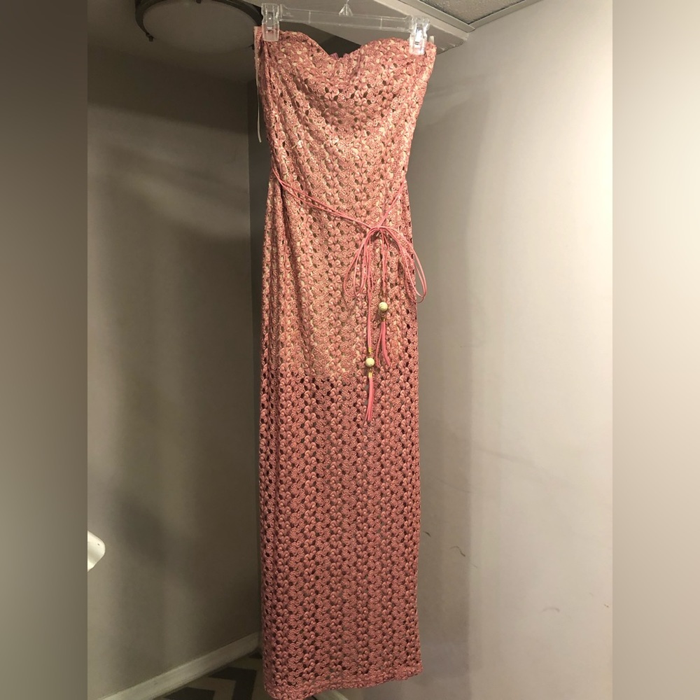 Trac Pink with gold shimmer lace overlay strapless gown leather tie
- size s